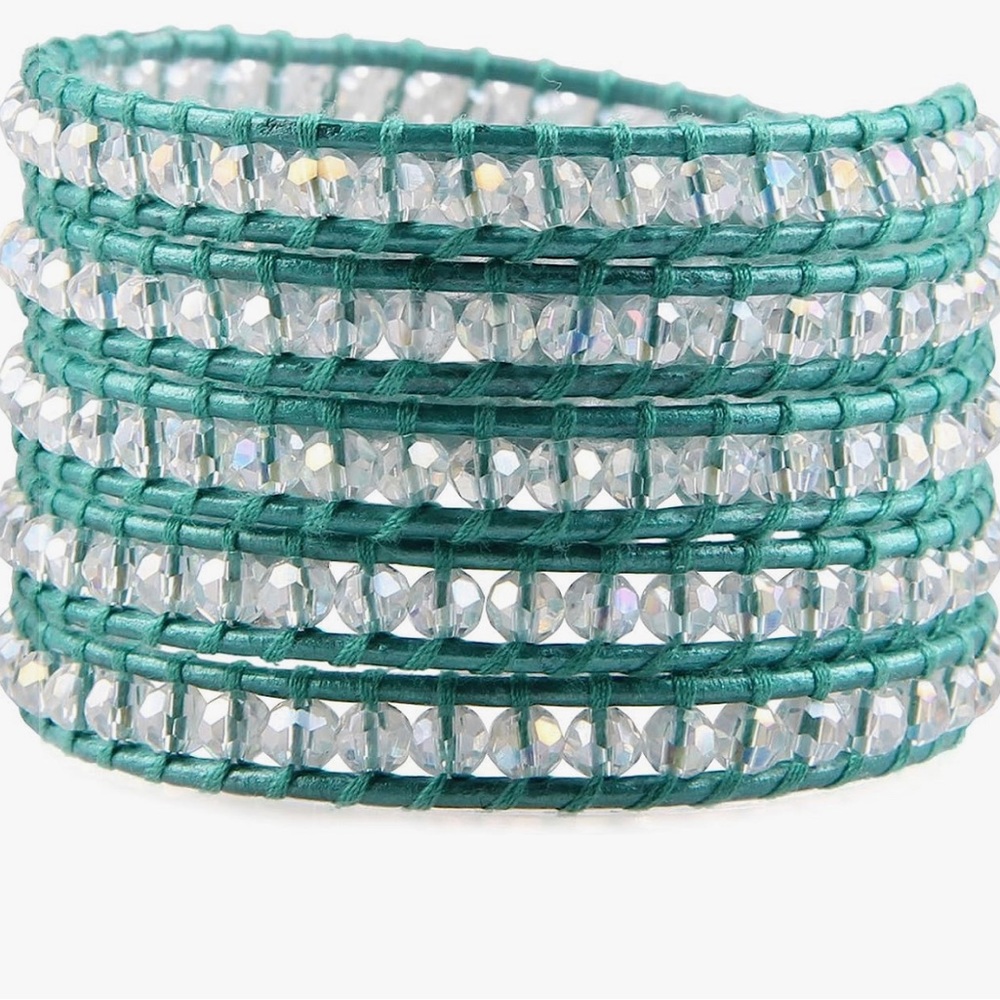 KELITCH Clear Crystal Bead 5 Wrap Around Leather Bracelet Teal colour